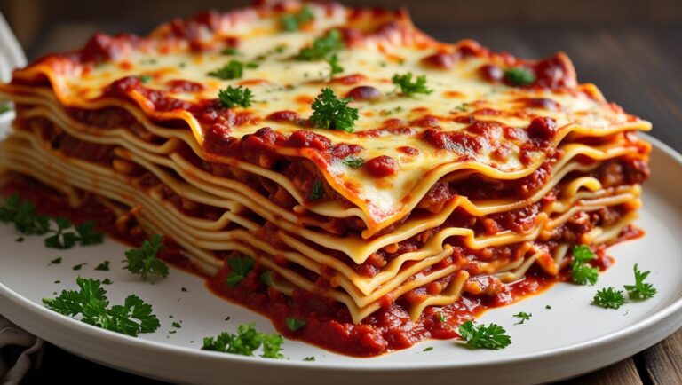 homemade layered lasagna pasta dish